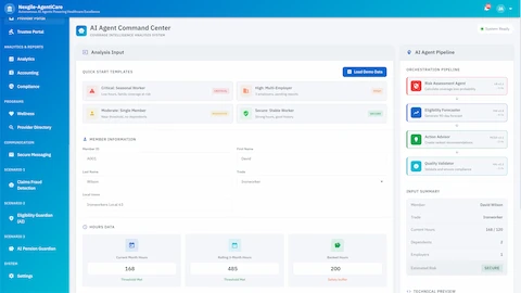 Coverage analysis input screen with quick start templates, member information form, hours data tracking, and AI agent pipeline visualization
